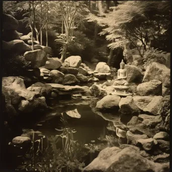 Rock garden with Buddha statue and koi pond - Image 1