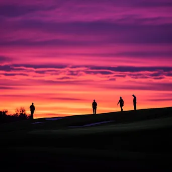 Silhouetted golfers against a vibrant sunset at a golf course - Image 1