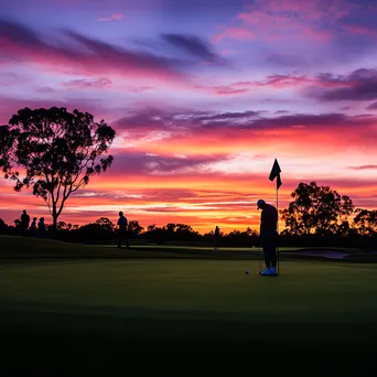 Silhouetted golfers against a vibrant sunset at a golf course - Image 2