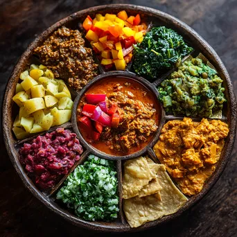 Plate of Ethiopian injera served with colorful stews - Image 1