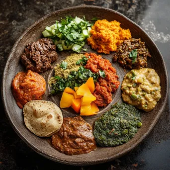 Plate of Ethiopian injera served with colorful stews - Image 3