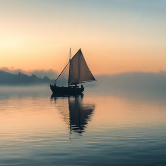 Traditional wooden boat sailing on calm waters in the morning mist - Image 1