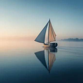 Traditional wooden boat sailing on calm waters in the morning mist - Image 2