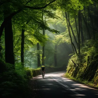 Cyclist riding a mountain trail in lush greenery with sunlight filtering through trees. - Image 3