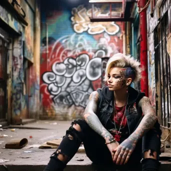 Street punk with abstract tattoos against a graffiti-covered urban backdrop - Image 1