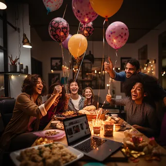 Team celebrating success in a cozy workspace with snacks and decorations - Image 1