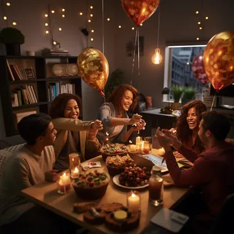 Team celebrating success in a cozy workspace with snacks and decorations - Image 2