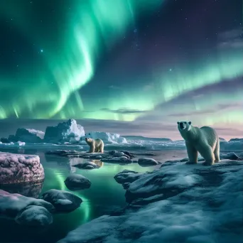 Northern lights above icy expanse with polar bears - Image 1