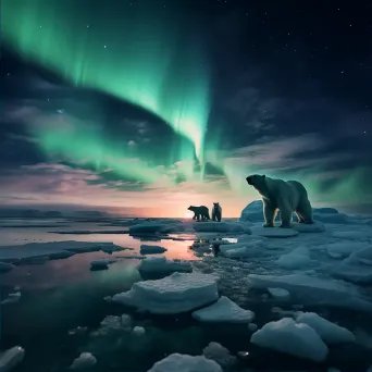 Northern lights above icy expanse with polar bears - Image 2