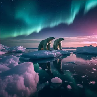 Northern Lights Above Icy Expanse with Polar Bears