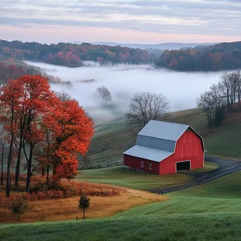 A misty farm landscape with a red barn - Image 1