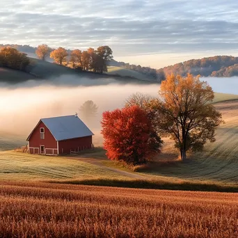 A misty farm landscape with a red barn - Image 3