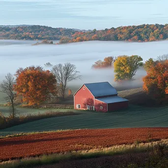 A misty farm landscape with a red barn - Image 4