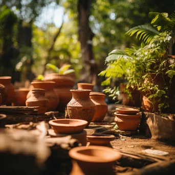 Collection of clay pots drying in a sunny garden - Image 4