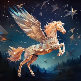 Low poly Greek mythical Pegasus flying through a star-dusted sky - Image 1