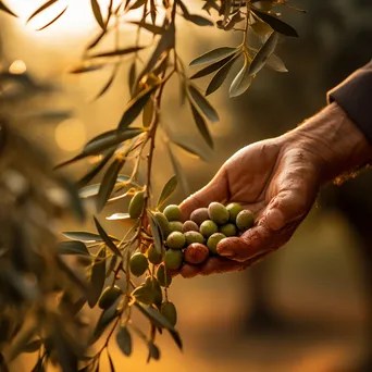 Close-up of hands picking ripe olives from a tree under golden sunlight. - Image 3