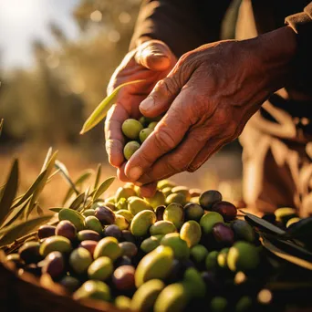 Close-up of hands picking ripe olives from a tree under golden sunlight. - Image 4