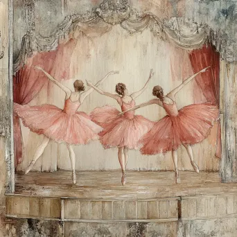 Watercolor painting of graceful ballerinas on a vintage theater stage - Image 1