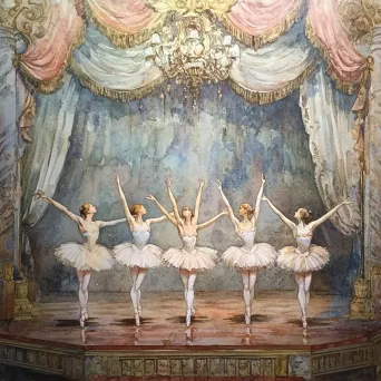 Watercolor painting of graceful ballerinas on a vintage theater stage - Image 3