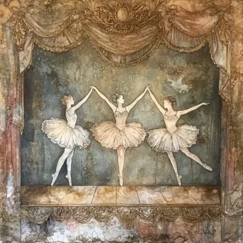 Watercolor painting of graceful ballerinas on a vintage theater stage - Image 4