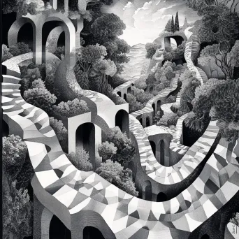 Complex and recurring patterns in a fantastical landscape inspired by Escher