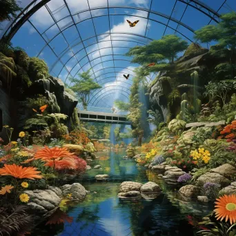 Vibrant, surrealist painting of a thriving biodome filled with endangered flora and fauna - Image 1