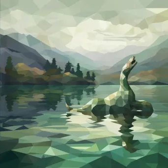 Low poly Loch Ness Monster gliding smoothly through the misty Scottish highlands - Image 2