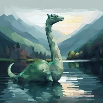 Low poly Loch Ness Monster gliding smoothly through the misty Scottish highlands - Image 3