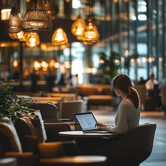 Professional working on laptop in airport lounge. - Image 4