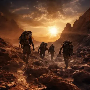 Group of explorers traversing rocky desert landscape - Image 3