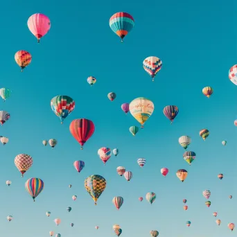 Symmetrical display of colorful hot air balloons in a blue sky - Image 1