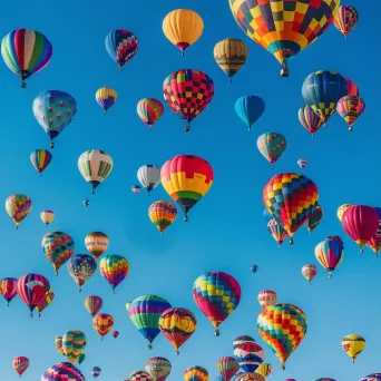 Symmetrical display of colorful hot air balloons in a blue sky - Image 3