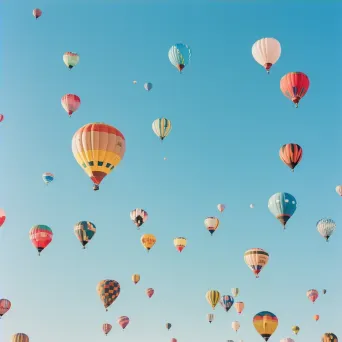 Symmetrical display of colorful hot air balloons in a blue sky - Image 4