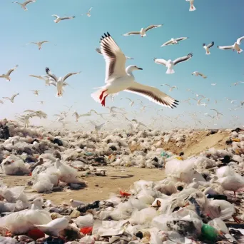 Image of a landfill overflowing with plastic waste with circling seagulls - Image 1