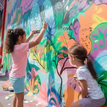 Children painting colorful murals in a street art workshop - Image 3