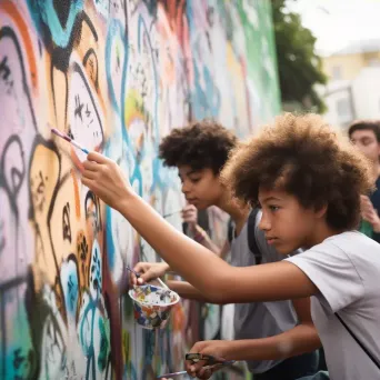 Children painting colorful murals in a street art workshop - Image 4