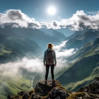 A female hiker at the peak of a mountain - Image 1