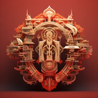 Rich red and gold typography showcasing traditional Asian symbols in low poly style - Image 1