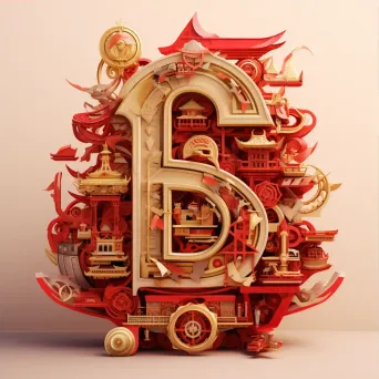 Rich red and gold typography showcasing traditional Asian symbols in low poly style - Image 3