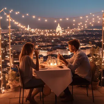 Couple enjoying a romantic dinner on a rooftop with city views - Image 2