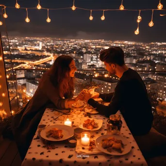 Couple enjoying a romantic dinner on a rooftop with city views - Image 3