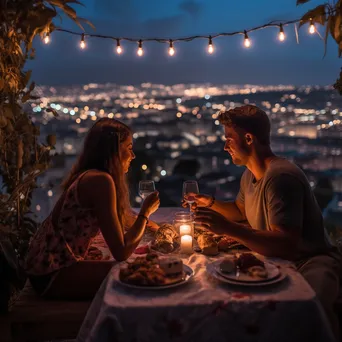 Couple enjoying a romantic dinner on a rooftop with city views - Image 4