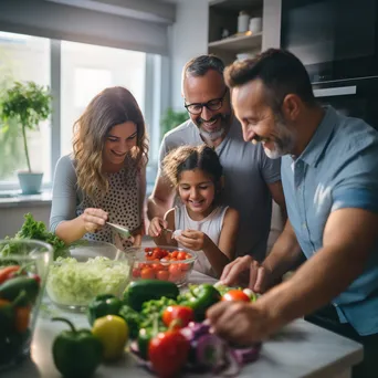 Family preparing a salad in the kitchen. - Image 3