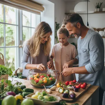 Family preparing a salad in the kitchen. - Image 4