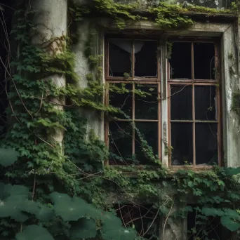 Abandoned architectural exteriors overtaken by nature