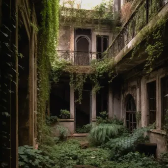 Abandoned architectural exteriors overtaken by nature