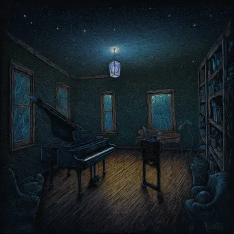 Grand piano illuminated by single spotlight in dim room - Image 1