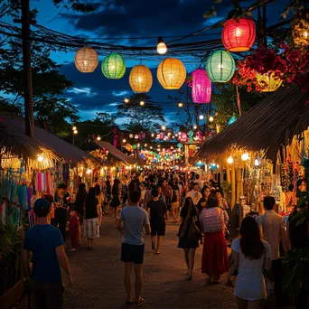 Street festival with colorful thatched-roof booths - Image 1