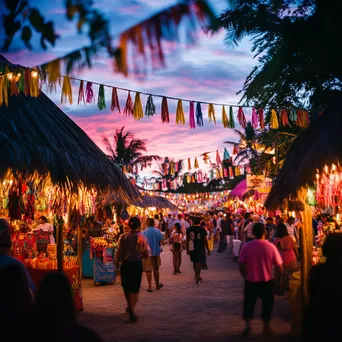 Street festival with colorful thatched-roof booths - Image 3