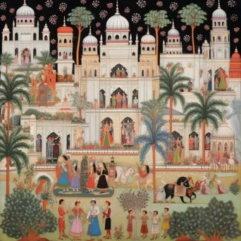 Image of a fusion between French Rococo style and Indian Mughal architecture in an extravagant palace scene - Image 1